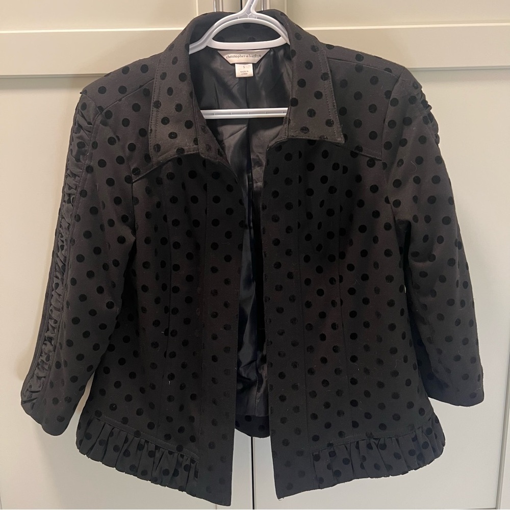 CHRISTOPHER & BANKS Black Blazer with Velvet Polka Dots | Size Small | Ruching